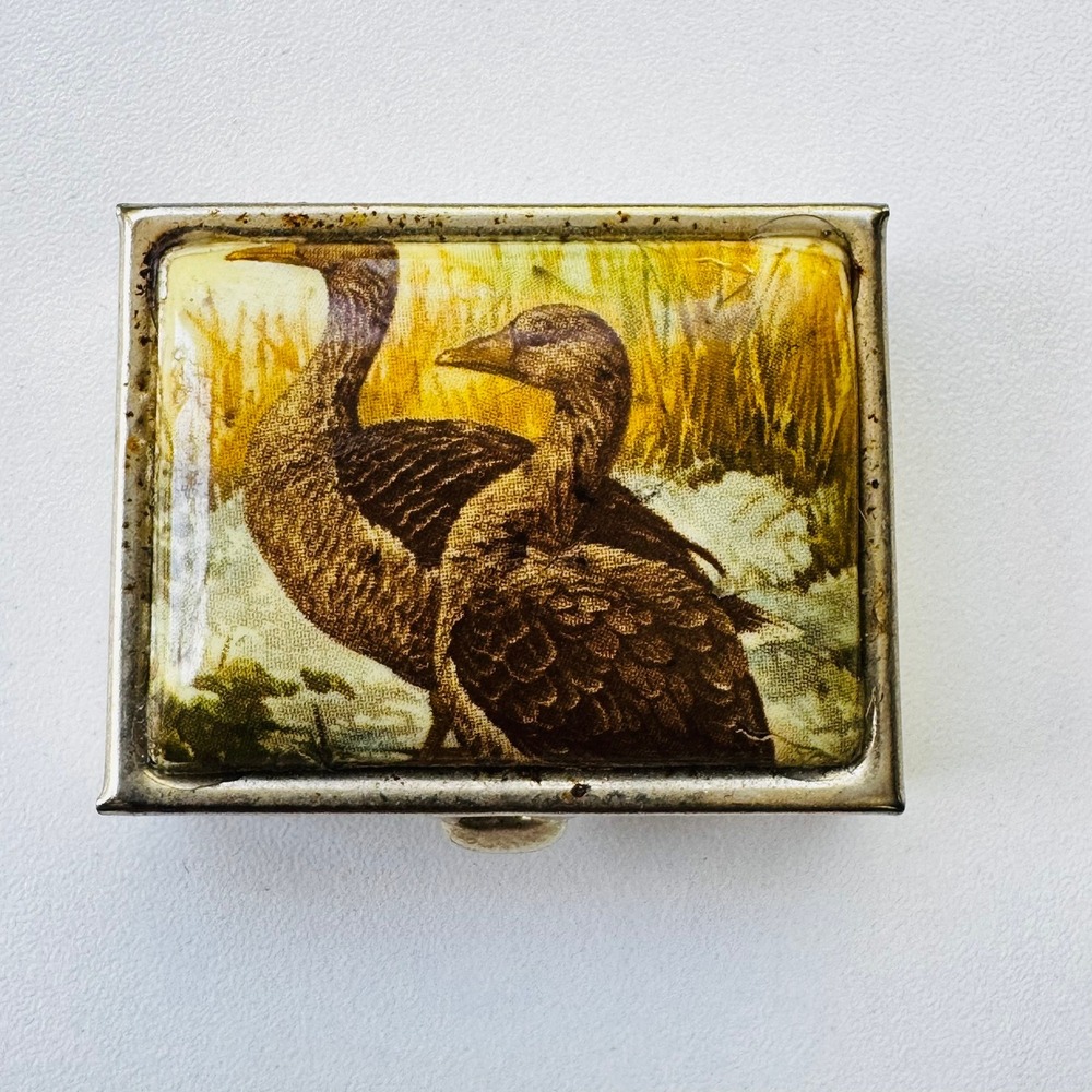 Antique Duck Goose Nature Scene Pill Box Case 2 Compartment Paris France BEAUTY
